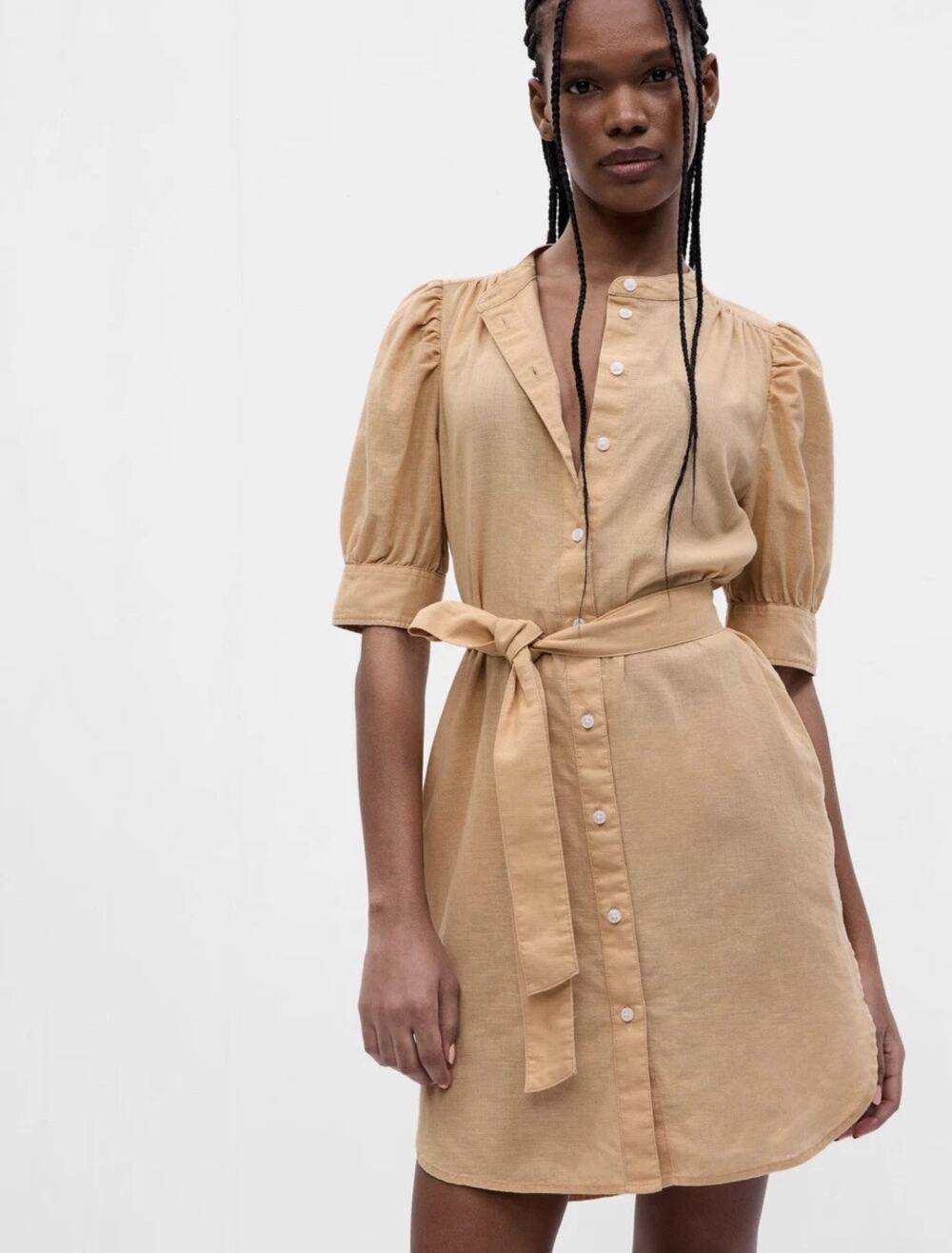 Gap Puff Sleeve Linen Cotton Shirtdress Beige NWT Belted Women's XXS